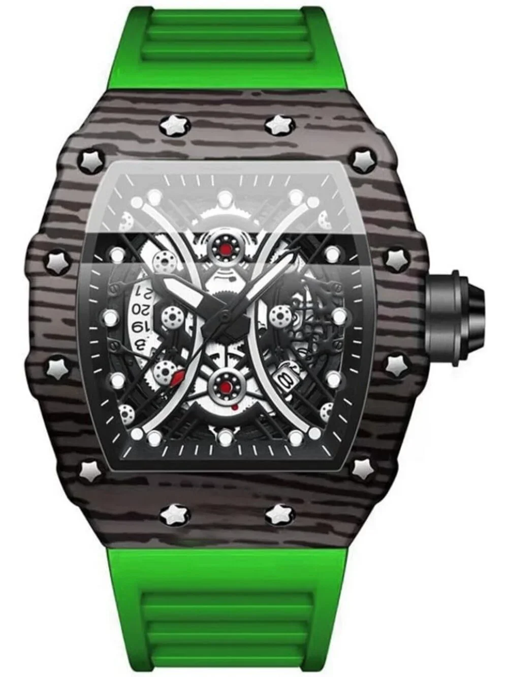Men's Green And Black Analog Silicone Strap Barrel-Shaped Skeleton Luxury Watch